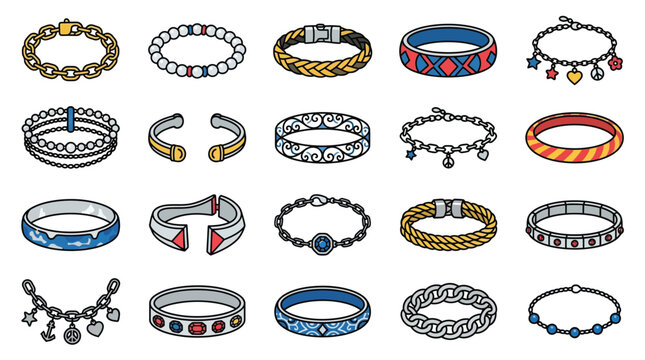 Collection of diverse bracelets and necklaces, isolated on a white background.