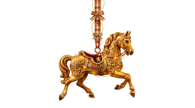 Vintage carousel horse ornament, golden carnival merry-go-round decoration, ornate festive horse figurine on white background