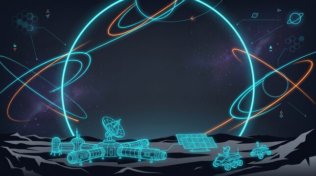 Futuristic Dark Space Technology Background with Glowing Neon Orbital Station and Copy Space