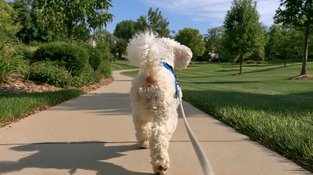 Golden retriever walking away on a peaceful park path surrounded by green trees, pet lifestyle and outdoor exercise concept for dog walking, companionship, nature, wellness and daily routine
