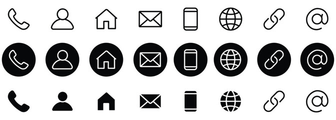 Business card contact information icons set. phone, home, call, mail, phone, web. Contact Us Linear Vector icons. Flat filled and thin line contact icons. Vector illustration. © Pulak