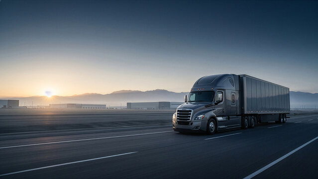 Silver Semi Truck Driving on Highway near Industrial Park at Sunrise