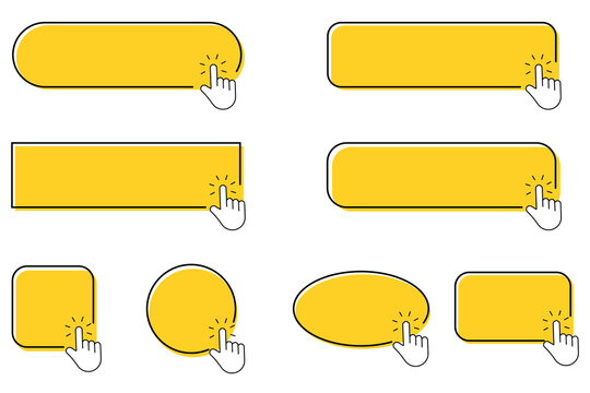 Clicking cursor in yellow box and bubble icon set. Click here button with pointer clicking. Clicking and pointing. Mouse pointer set. Arrow cursor. Vector illustration. 
