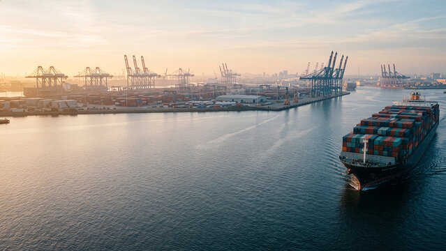 Large Container Ship Navigating Port Terminal Harbor with Gantry Cranes at Golden Hour
