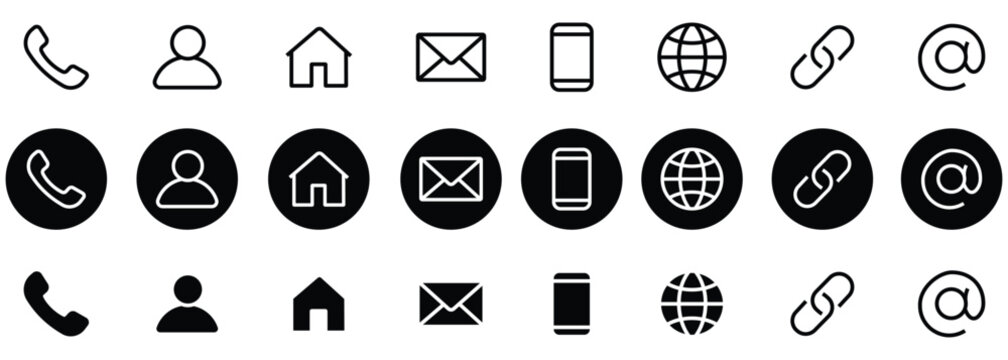 Business card contact information icons set. phone, home, call, mail, phone, web. Contact Us Linear Vector icons. Flat filled and thin line contact icons. Vector illustration.