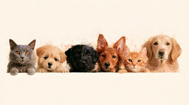 Cute cats and dogs peeking over a clean white background, adorable pet group portrait featuring playful puppies and kittens, ideal for veterinary care, adoption, animal friendship and pet themes