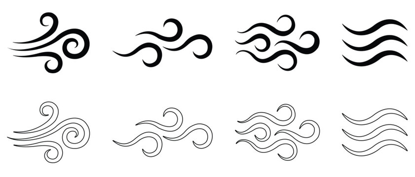 Wind blow line icon. Wind line doodle icon. Set of Stylized Wind and Air Flow Icon. Decorative breeze symbols for weather, nature, and climate designs. Vector illustration.