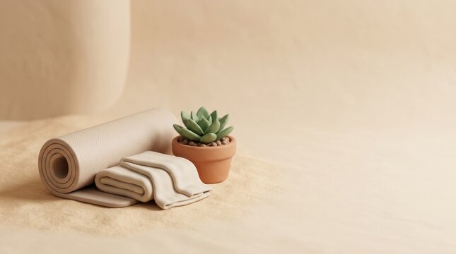 New Year Fitness and Healthy Habit Tracking for 2027, Yoga mat and towel with a succulent plant in a minimalist setting.