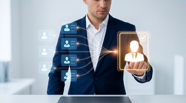 Professional man in suit interacting with holographic talent management interface to visualize organizational structure and human resources hierarchy in bright office setting