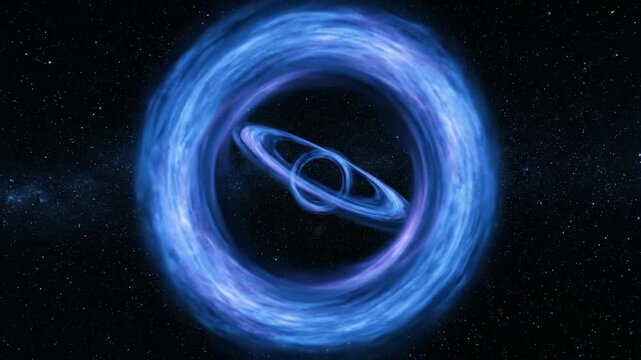 Glowing blue cosmic black hole with luminous accretion disks in deep space galaxy.