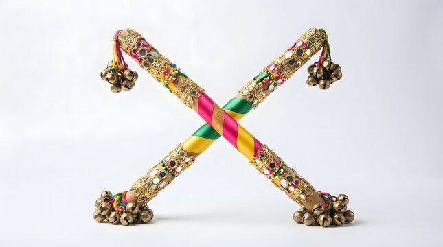 Traditional decorated dandiya sticks used for garba dance isolated on white background