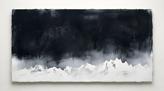 Abstract black and white mountain landscape painting with textured brushstrokes and atmospheric misty peaks