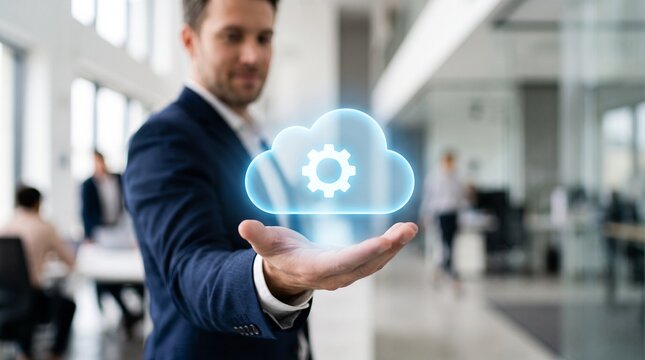 Confident business professional in suit holding glowing cloud computing interface with gear icon in modern office with blurred colleagues working in background and bright sunlight