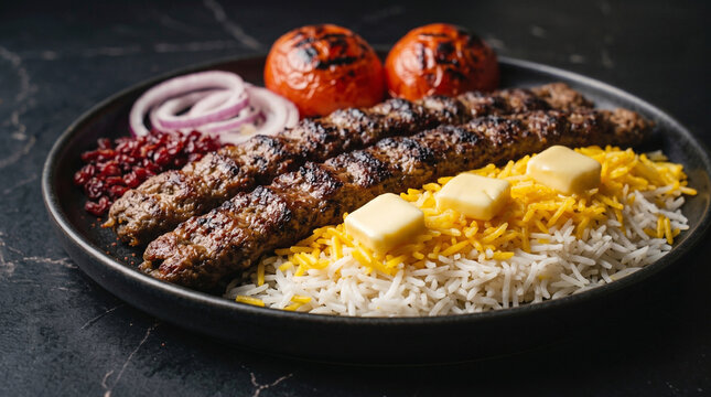 Chelo Kabab side profile with saffron rice, butter, grilled tomato and barberries on black plate