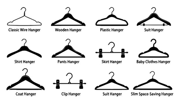Black clothes hanger icon set with wardrobe coat shirt pants and garment hanger vector illustrations