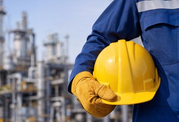 Fototapeta premium Construction worker holding a yellow hard hat and safety gloves against a blurred industrial background, representing workplace protection, engineering, construction, and professional craftsmanship.
