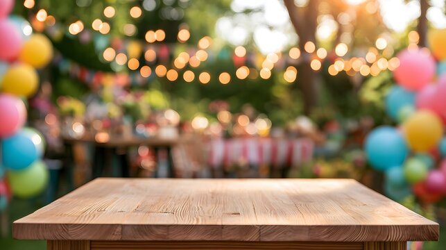 Empty wooden table with colorful balloons and festive party lights in blurred background, celebration display mockup for birthday products, event decoration, advertising, presentation and copy space