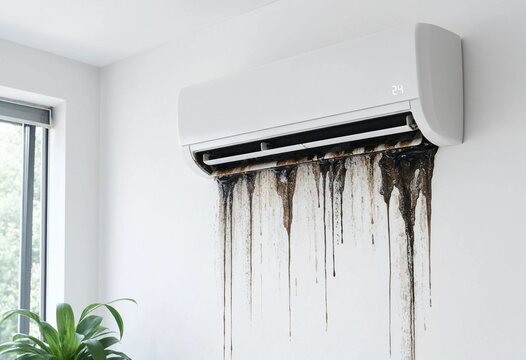 Wall-mounted air conditioner leaking water and causing black mold stains on a minimalist indoor wall, highlighting moisture damage, maintenance problems, cleaning, and repair.