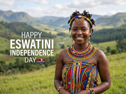 Smiling young eswatini woman wearing traditional colorful beaded necklace and patterned fabric clothing against a backdrop of rolling green hills and mountains on independence day