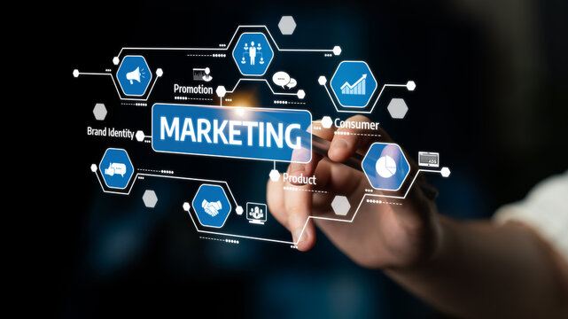 A hand touches a transparent digital interface displaying various marketing concepts, emphasizing the importance of brand identity and consumer engagement in today tech-driven world. Tessel