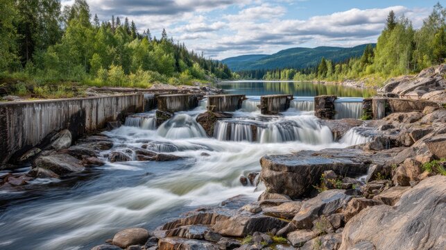 Massive Hydroelectric Dam Structure Generating Power Amidst Lush Green Forest Landscape