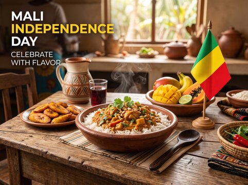 Steaming bowl of peanut stew with rice served on a rustic wooden table with fried plantains fresh fruit and a small flag of mali in a sunlit kitchen setting