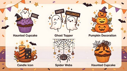 Fototapeta premium Cute Halloween Clipart Set with Ghosts Pumpkins and Spooky Cupcakes for Holiday Design