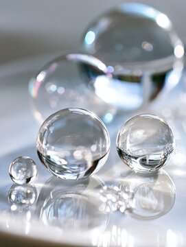 Clear glass spheres creating light reflections and bokeh