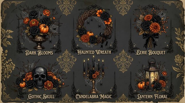 Gothic Halloween floral collection with skulls, pumpkins, and dark vintage candelabras