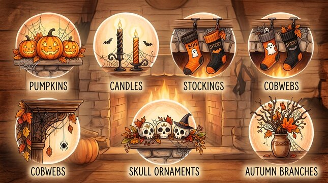 Halloween Home Decor Collection Featuring Pumpkins Candles And Spooky Fireplace Ornaments