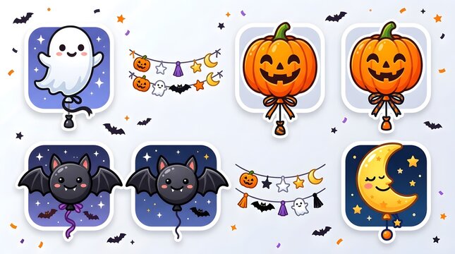 Cute Halloween Pixel Art Stickers Set with Ghosts Pumpkins Bats and Moon Icons