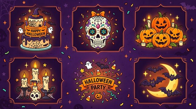 Set of Halloween icons with pumpkins, sugar skull, candles, and spooky party elements