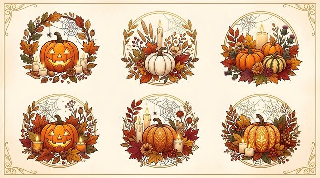 Set of six decorative autumn pumpkin and fall foliage wreaths with candles for holidays