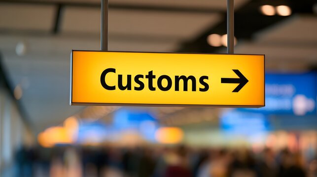 Airport customs direction sign inside international terminal, travel and border control concept for immigration, passenger arrival, security checks, baggage inspection and global transportation