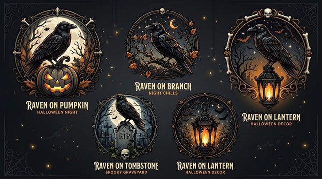Set of Gothic Raven Halloween Illustrations with Pumpkins and Lanterns