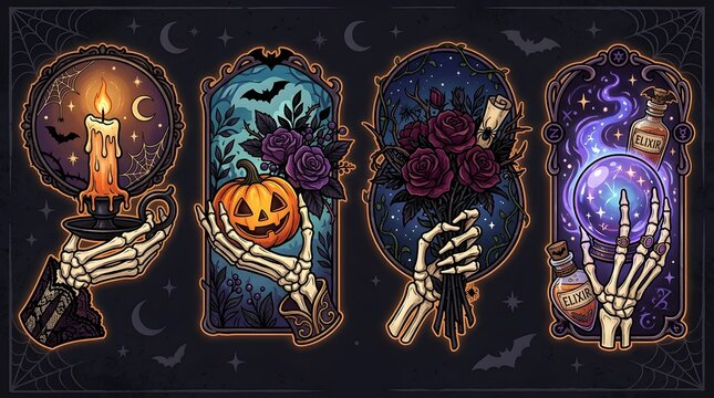 Set of four gothic skeleton hand illustrations with mystical Halloween elements and frames