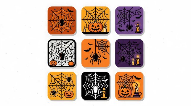 Set of Halloween icons with spiders, webs, pumpkins and candles on colorful backgrounds.