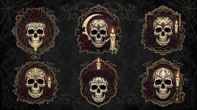 Set of ornate sugar skulls with floral frames and candles for Day of the Dead celebration