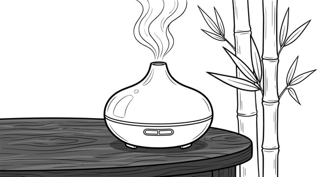 Modern essential oil diffuser emitting steam on a wooden table with bamboo stalks, line art illustration