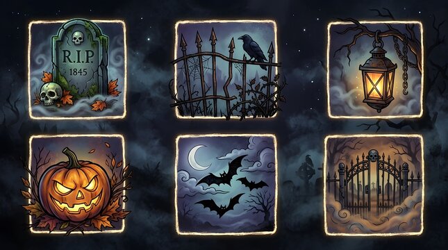 Set of six spooky Halloween icons with graveyard elements and glowing pumpkin jack-o-lantern