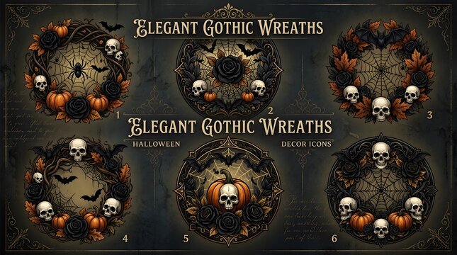Set of Elegant Gothic Halloween Wreaths with Skulls and Pumpkins for Seasonal Decor