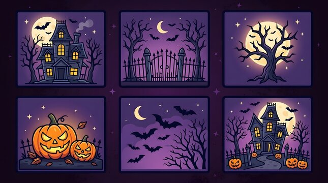 Halloween pixel art set with haunted houses, pumpkins, bats and full moon night scenes