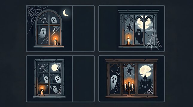 Set of spooky Halloween windows with ghosts, candles, and full moon night scenery