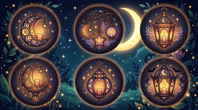 Set of Ramadan lanterns and crescent moon icons with glowing stars on dark night background