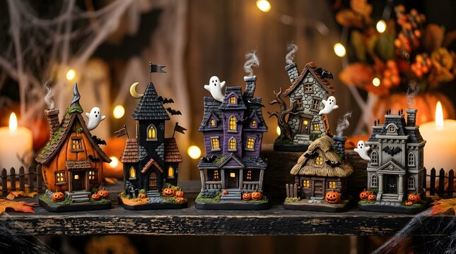 Miniature Halloween haunted houses and spooky village decor for festive holiday display