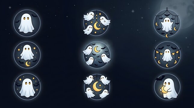 Set of cute ghost icons for Halloween design elements on dark background