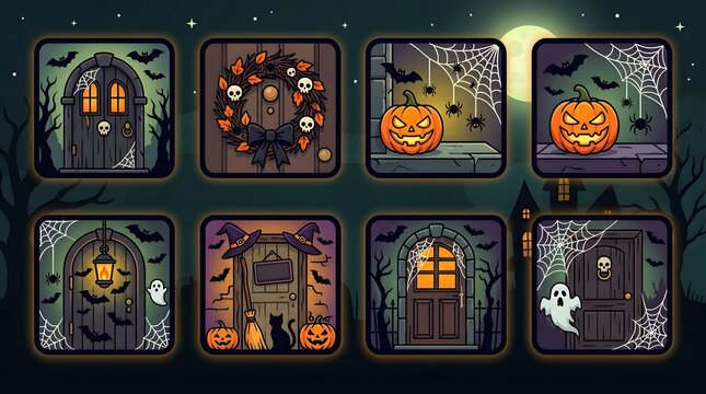 Set of Halloween pixel art icons with pumpkins, ghosts, and spooky haunted house elements.