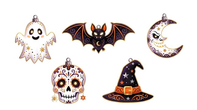 Set of Halloween hanging ornaments including ghost, bat, skull, moon and witch hat