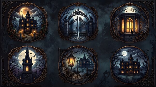 Set of six gothic Halloween circular frames with haunted mansions and spooky night scenes