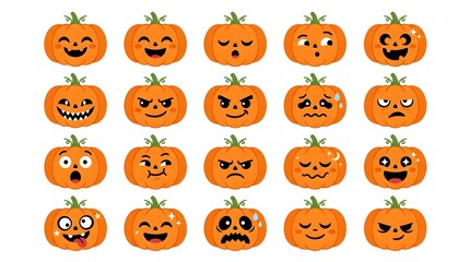 Fototapeta premium Set of cute Halloween pumpkin icons with various funny facial expressions and emotions